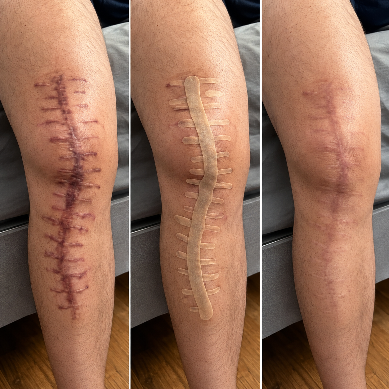 Knee comparison showing an old centipede-shaped surgical scar