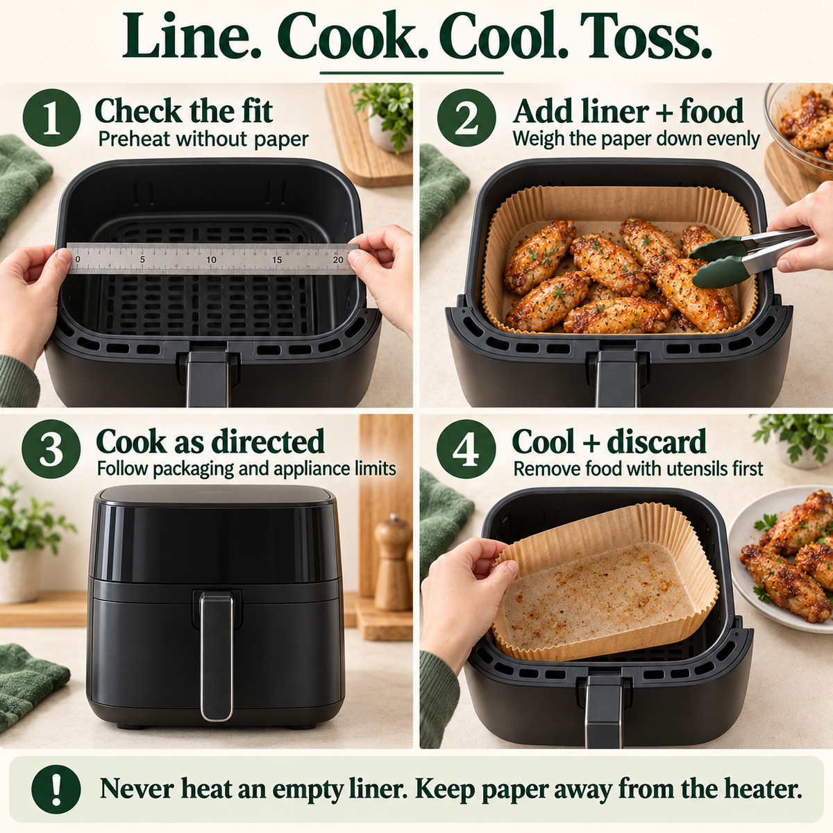 Line. Cook. Cool. Toss.