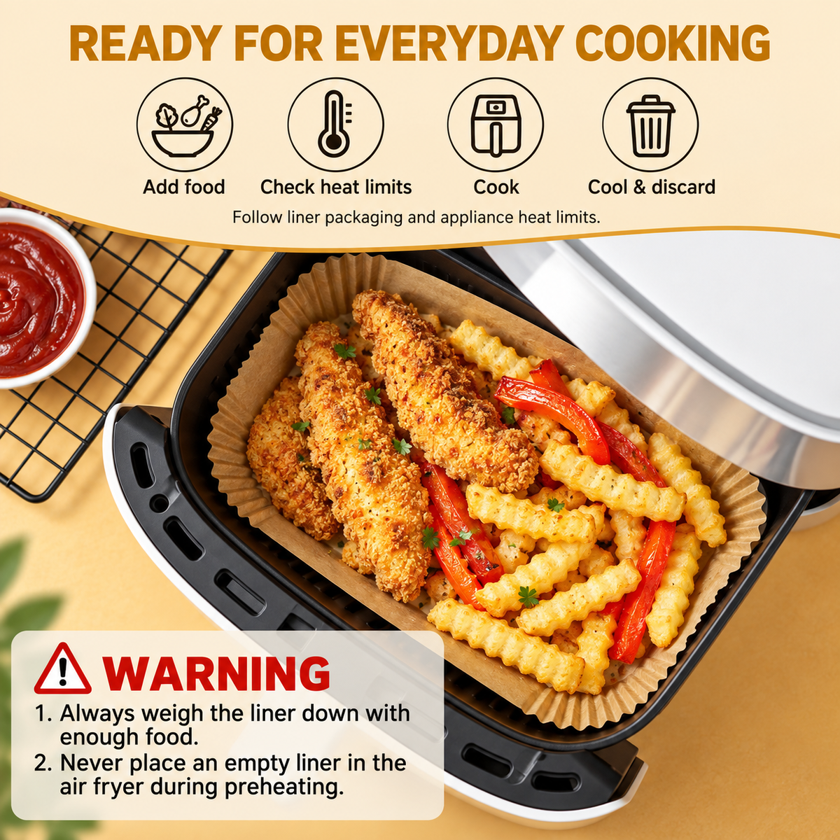 Chicken and fries in a rectangular paper liner, with food placement and preheating reminders