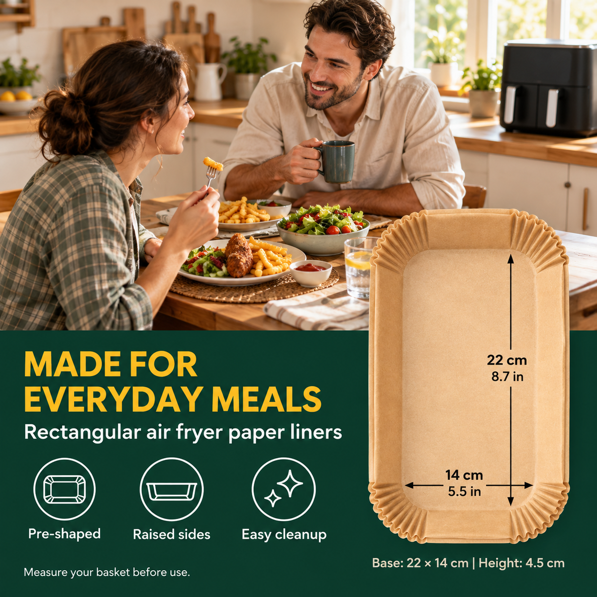 A couple sharing dinner beside a rectangular liner with 22 by 14 cm base dimensions and 4.5 cm height