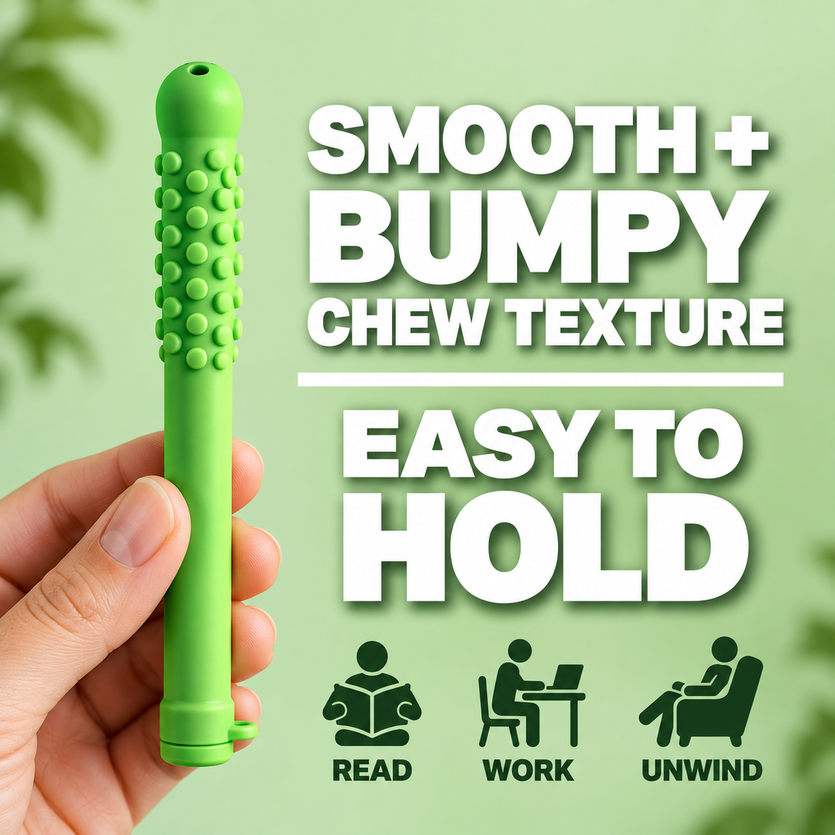 Green silicone chew stick with smooth and bumpy texture, easy to hold for everyday moments
