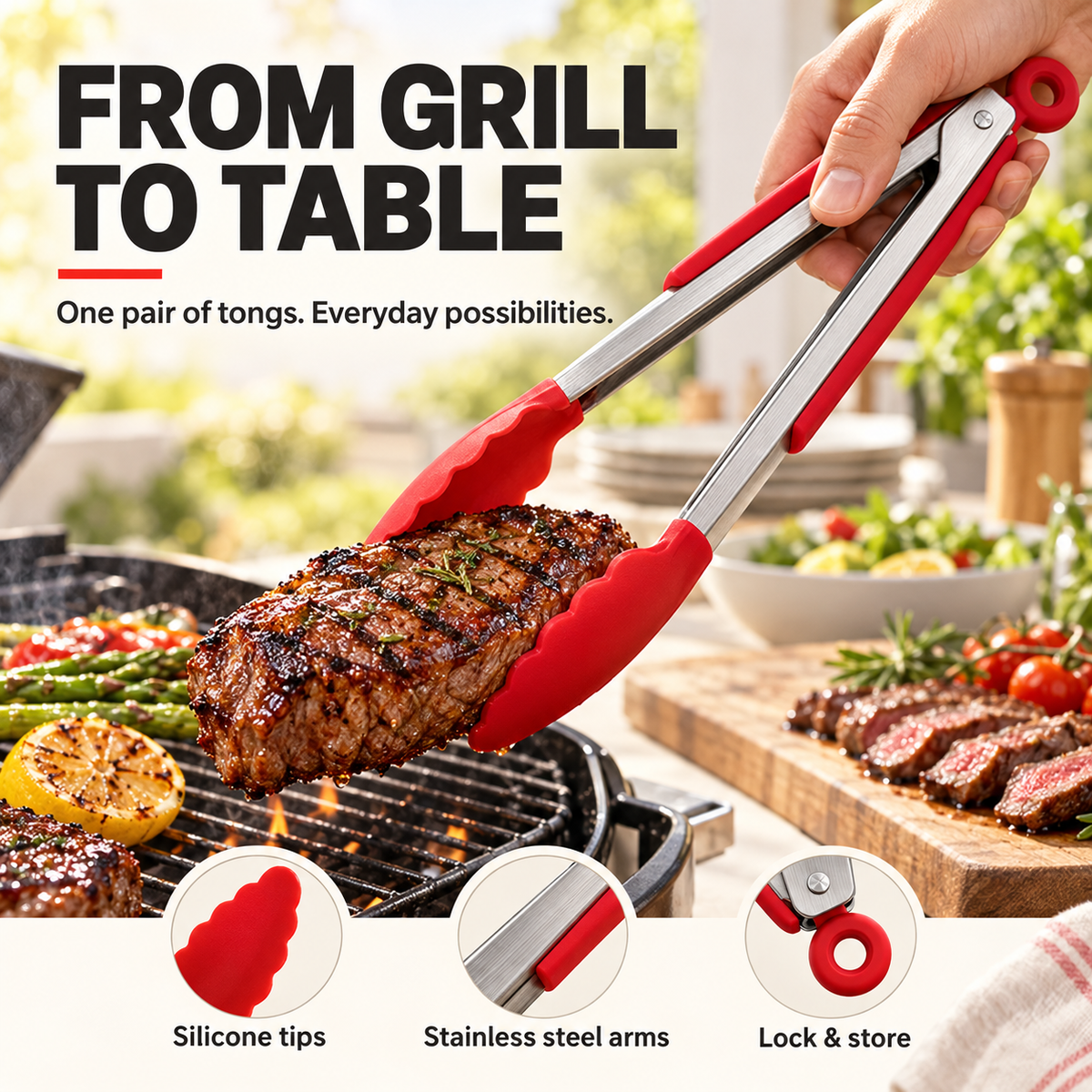 From grill to table: red silicone kitchen tongs
