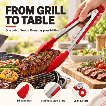From grill to table: red silicone kitchen tongs