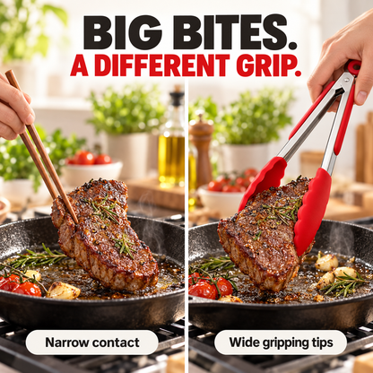 Wide tong tips compared with narrow chopstick contact