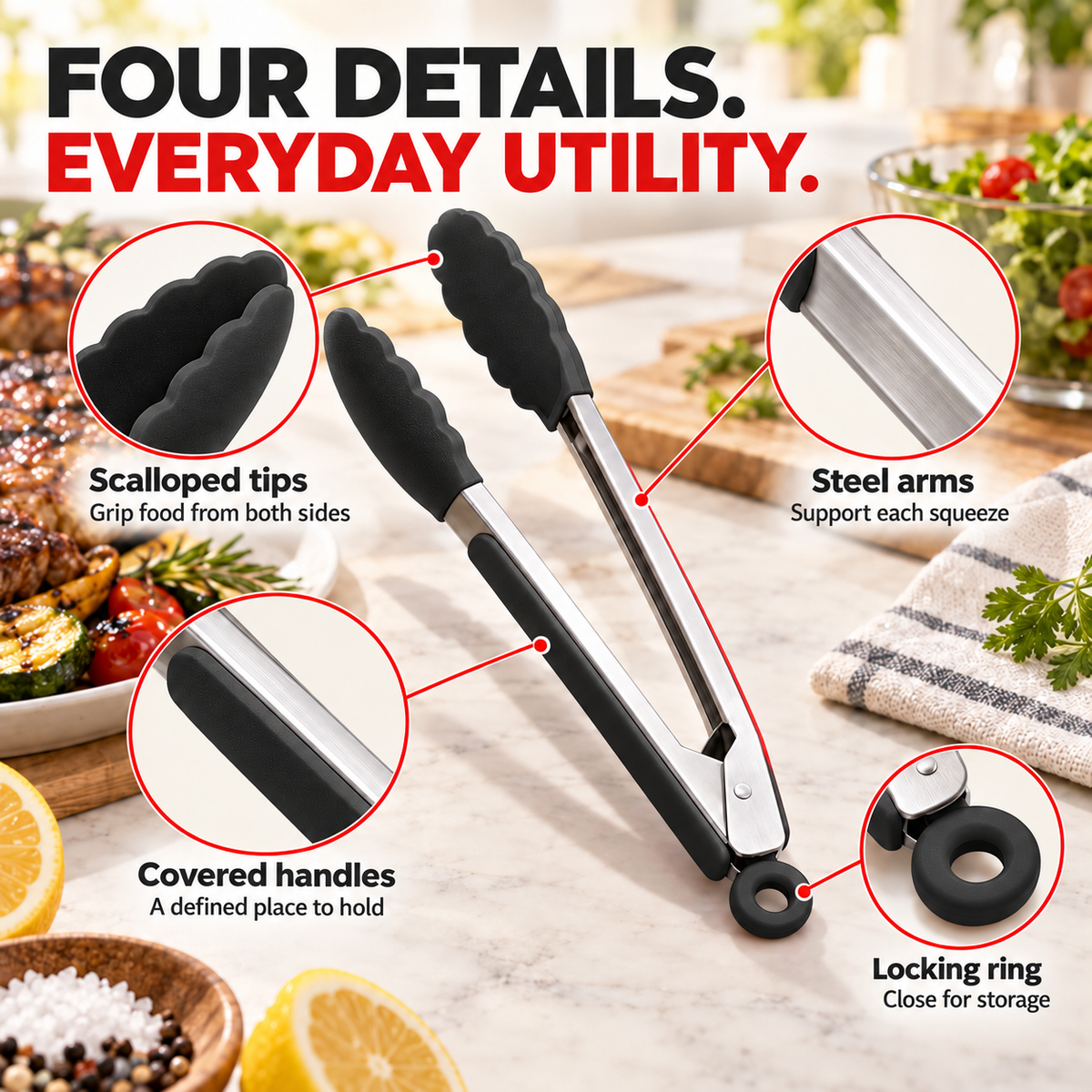 Four details: scalloped tips, steel arms, covered handles and locking ring