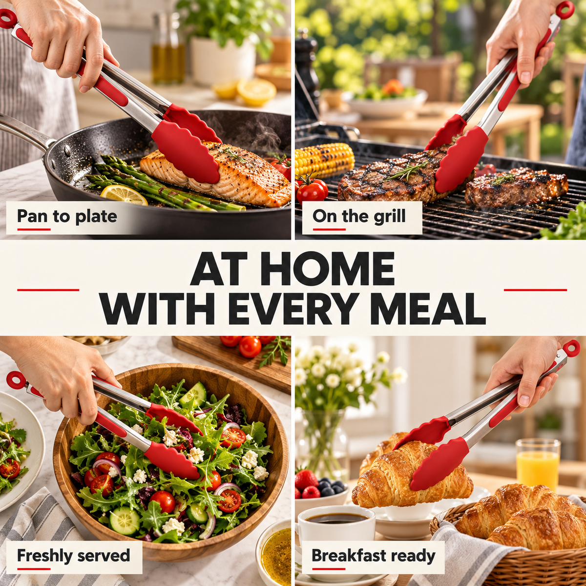 Kitchen tongs for pan cooking, grilling, salad and breakfast