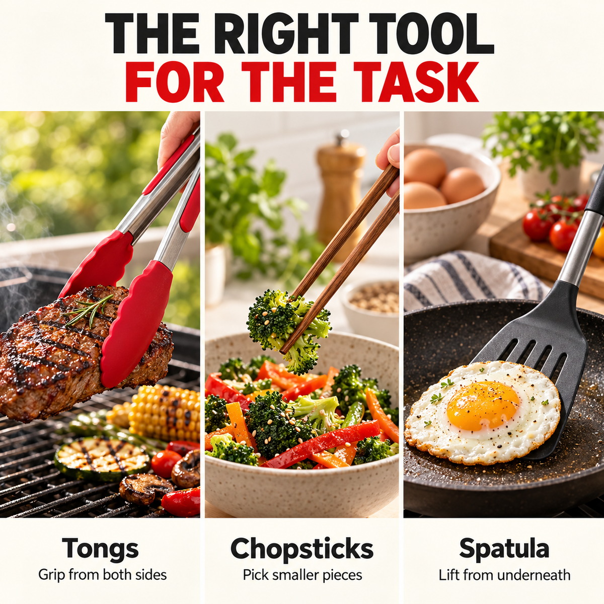 Tongs, chopsticks and spatula compared by task