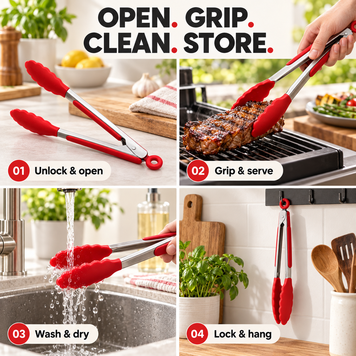 Four steps: unlock, serve, wash and store
