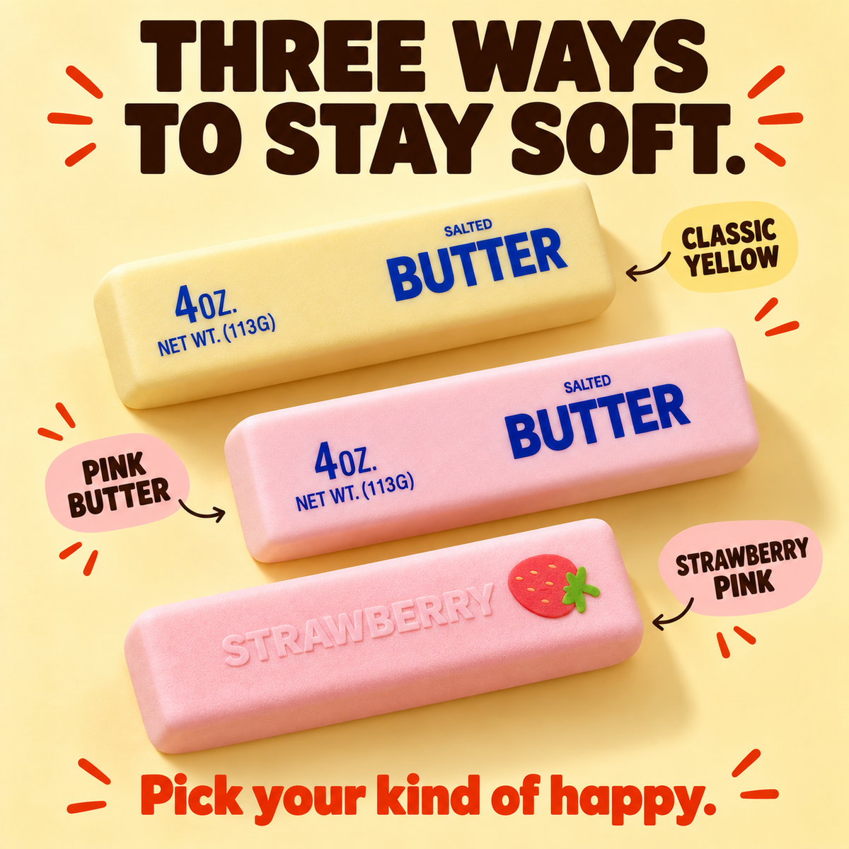 Three ways to stay soft: Classic Yellow, Pink Butter, Strawberry Pink