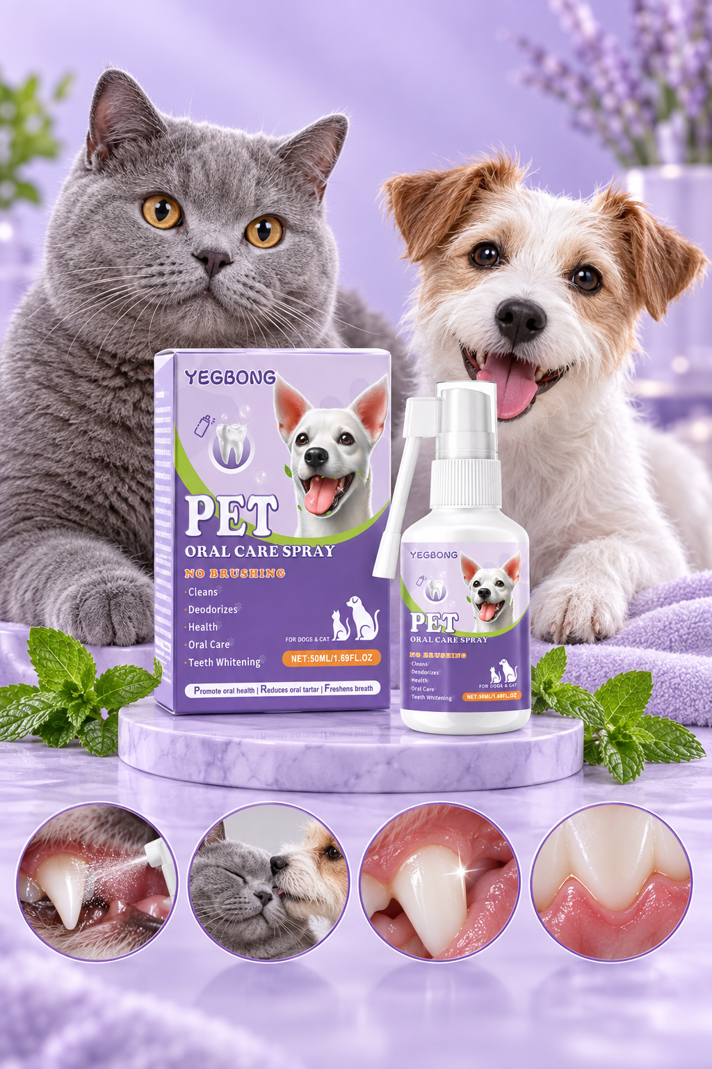YEGBONG oral care spray beside a cat and a dog