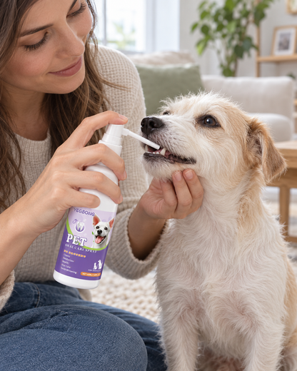 Pet parent using YEGBONG oral spray with a dog