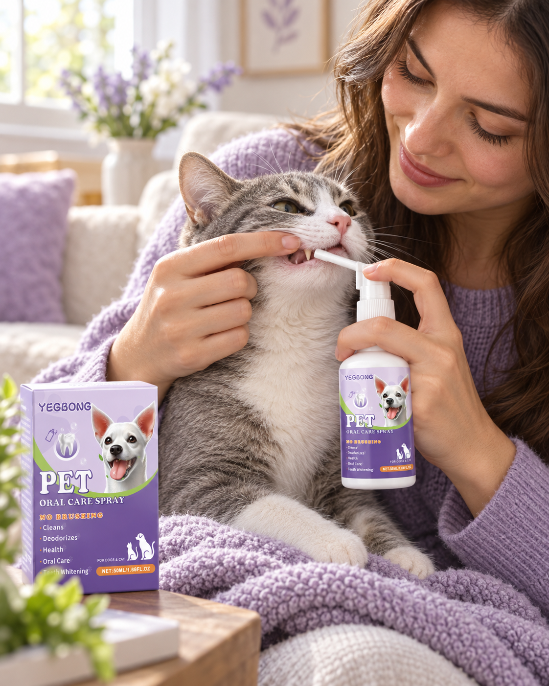 Pet parent using YEGBONG oral spray with a cat