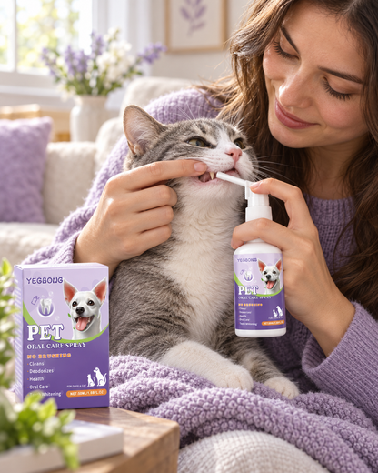 Pet parent using YEGBONG oral spray with a cat