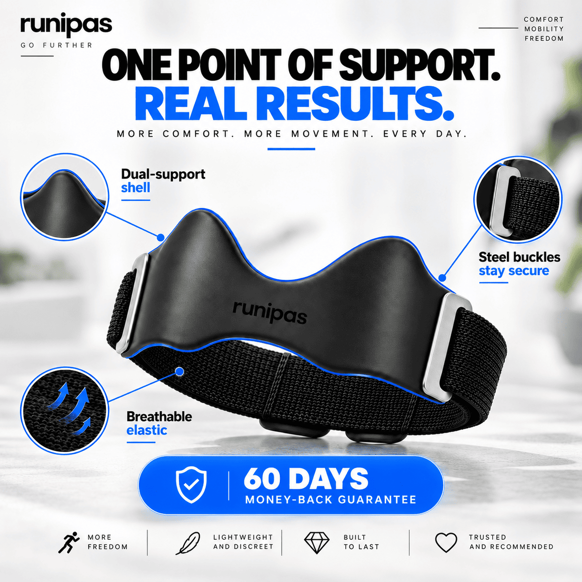 Runipas Knee Strap: double support shell, steel buckles, breathable elastic, 90-day warranty