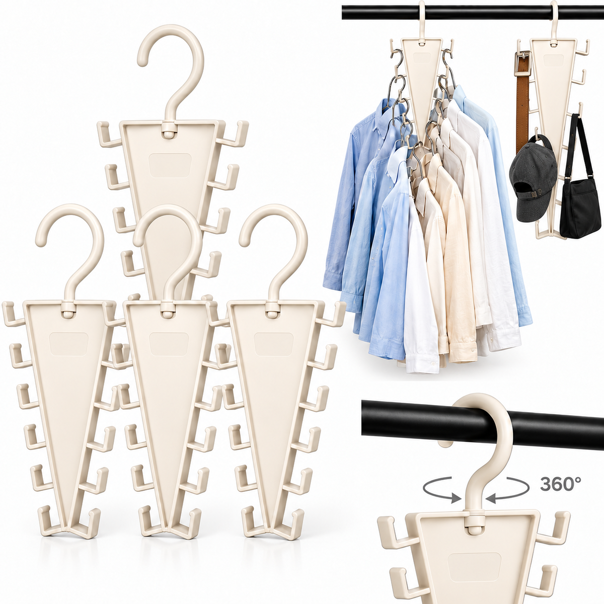 Four ivory organizers with clothes on separate ordinary hangers, directly hung accessories and a swivel hook close-up