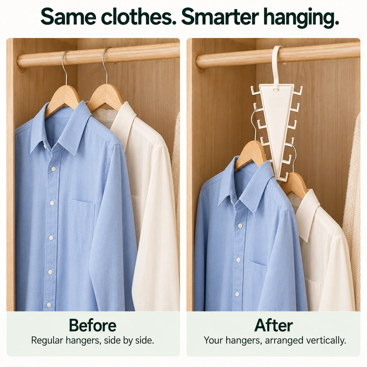 The same two shirts stay on their regular hangers: before, side by side on the rail; after, the hanger hooks hang from the organizer's side hooks
