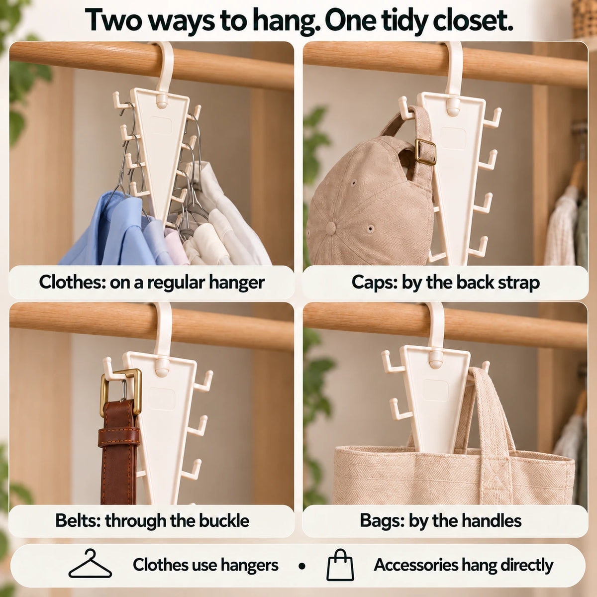 Four close photographic demonstrations: clothes on ordinary hangers, a cap hung by its back strap, a belt through its buckle, and an empty bag by its handle
