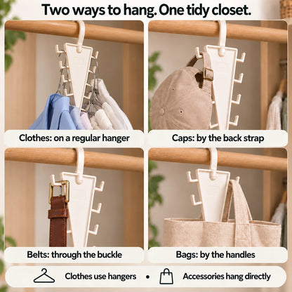 Four close photographic demonstrations: clothes on ordinary hangers, a cap hung by its back strap, a belt through its buckle, and an empty bag by its handle