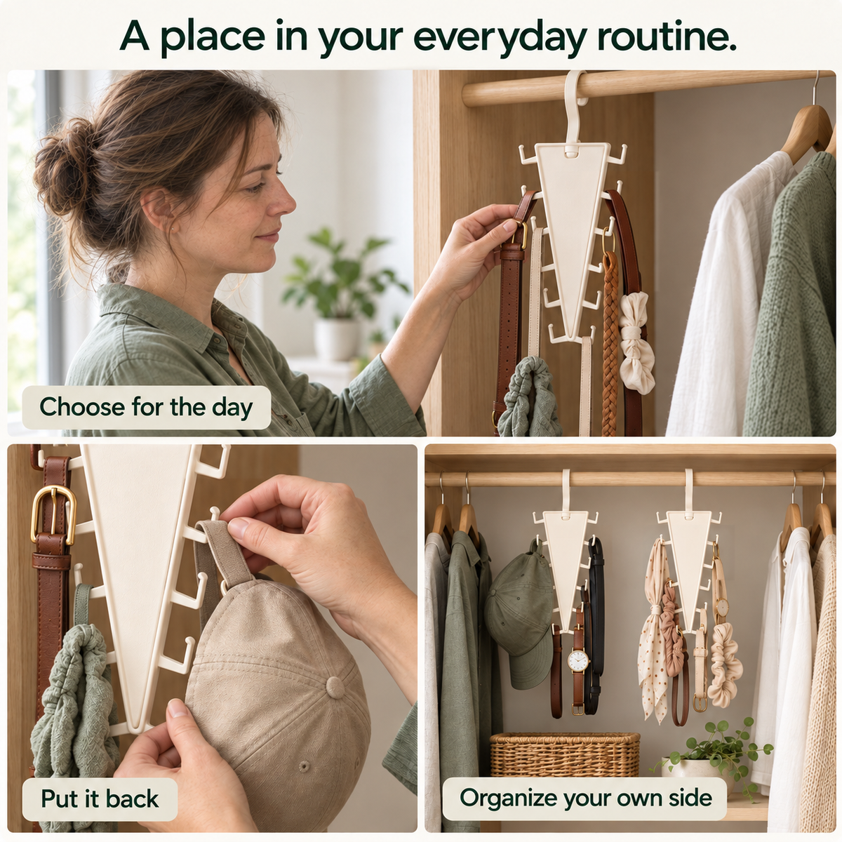 Three different everyday closet scenes choosing a belt, returning a cap and organizing a shared wardrobe