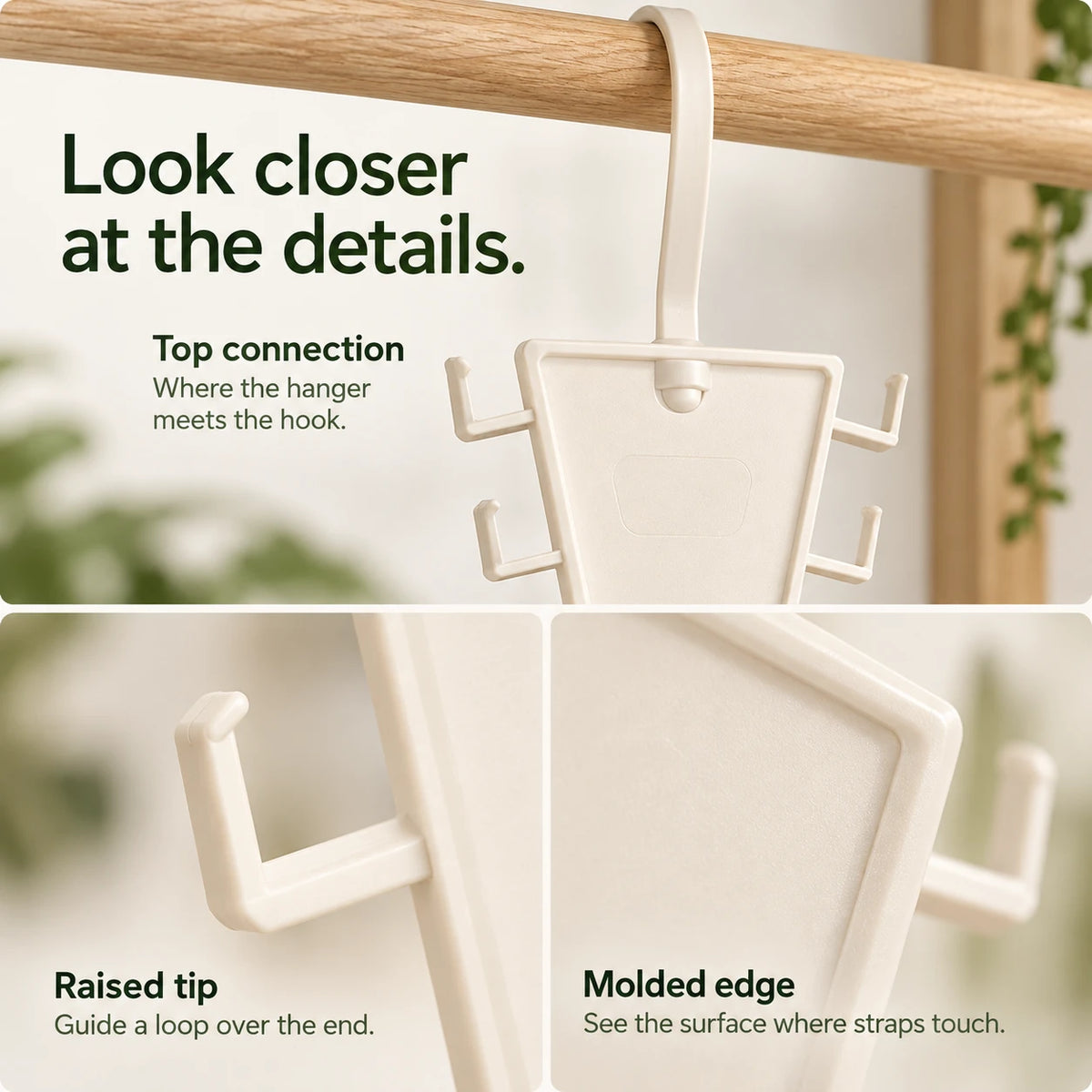 Macro views of the visible top connection, upturned side hook and molded panel edge