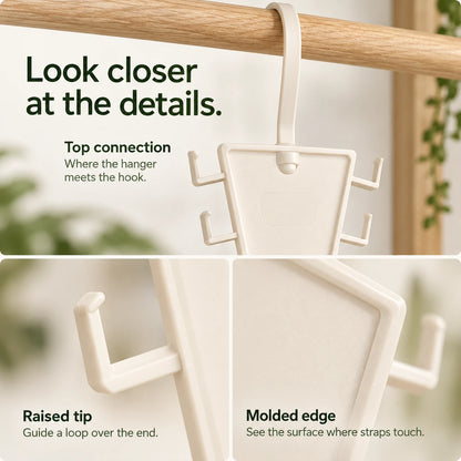 Macro views of the visible top connection, upturned side hook and molded panel edge