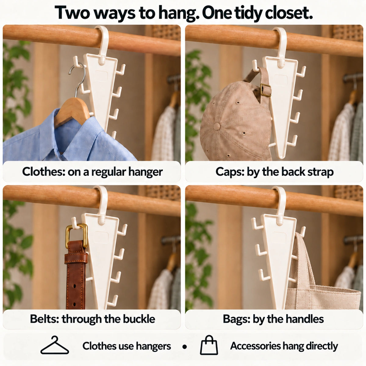Four demonstrations of clothes on a regular hanger and accessories hung by straps, buckles and handles