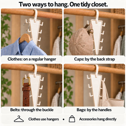 Four demonstrations of clothes on a regular hanger and accessories hung by straps, buckles and handles