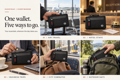 Wallet in five travel and everyday scenarios