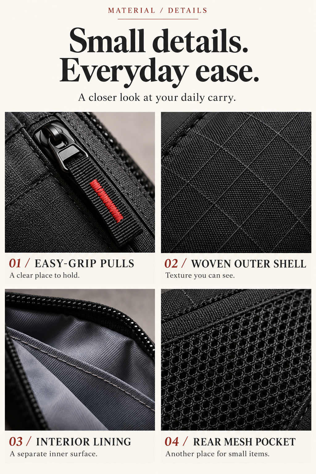 Wallet zipper, fabric, lining and mesh details